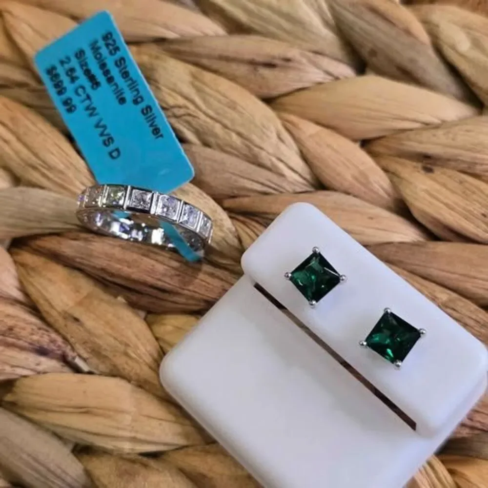 Sterling Silver Moissanite Ring Size 6 and Green nano sterling earrings